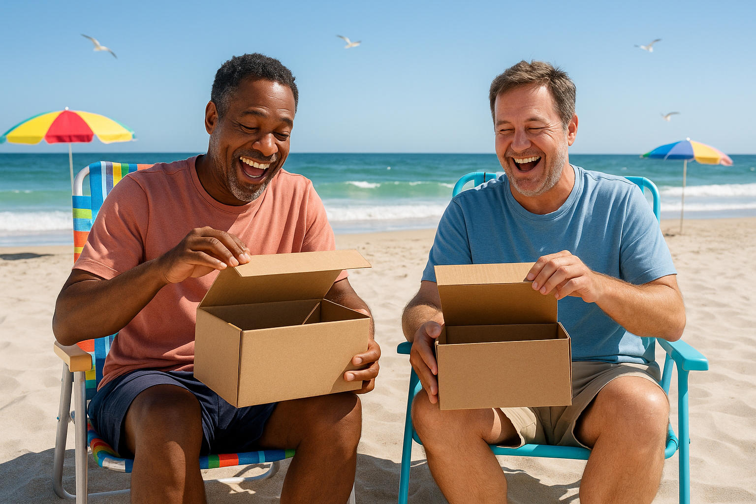 create an image of two guys opening boxes with smiles on their faces, the setting should be in lawn chairs at the beach